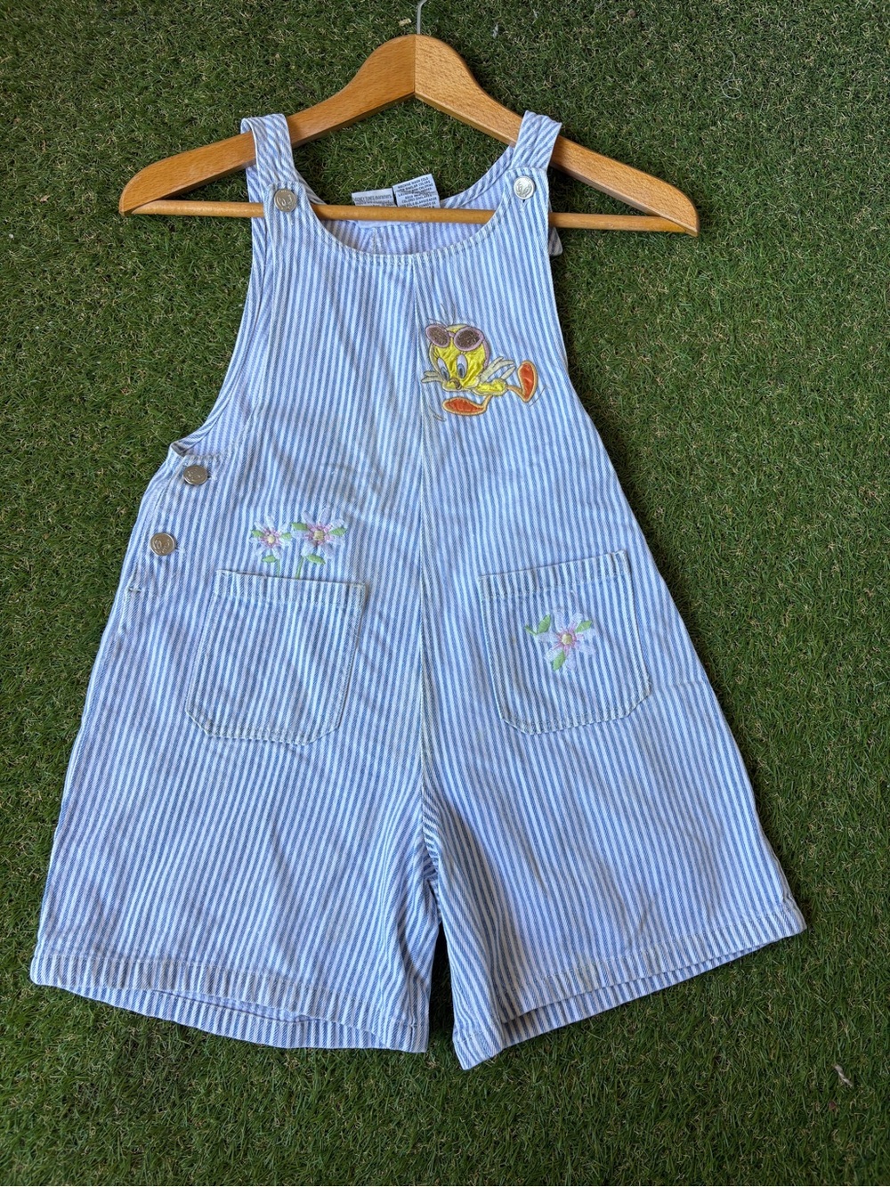 VTG 90s Looney Tunes Tweety Bird Pinstripe Denim Shortalls Overalls Size 10